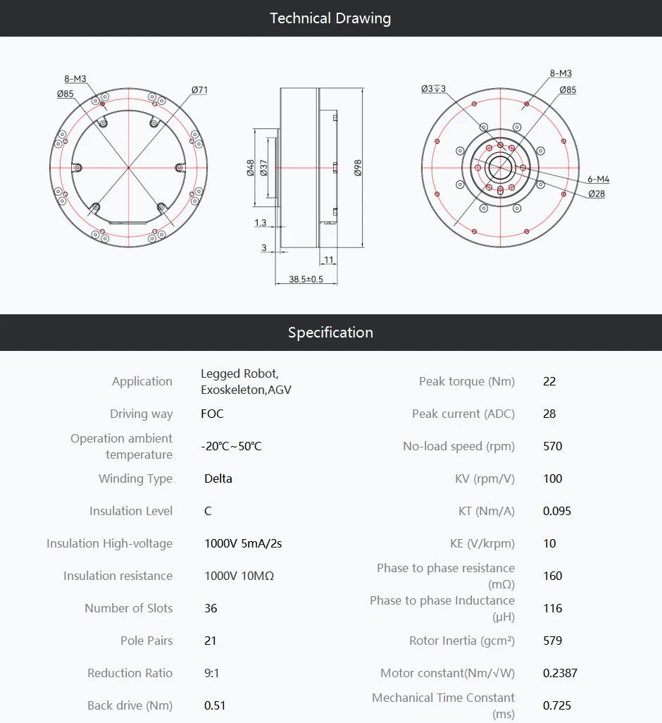 CubeMars AK80-9 V3.0 KV100 Dynamical Modular Motor for Robotic Actuator Foot Robots Cobot Joint and AGV,SERVO & MIT MODES