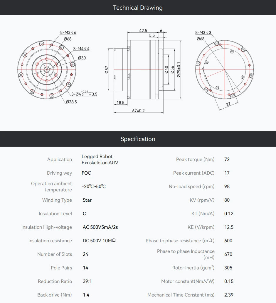 CubeMars AK60-39 V3.0 KV80 Dynamical Modular Brushless Motor for Actuator Foot Cobot Joint AGV Exoskeleton Quadruped Robot
